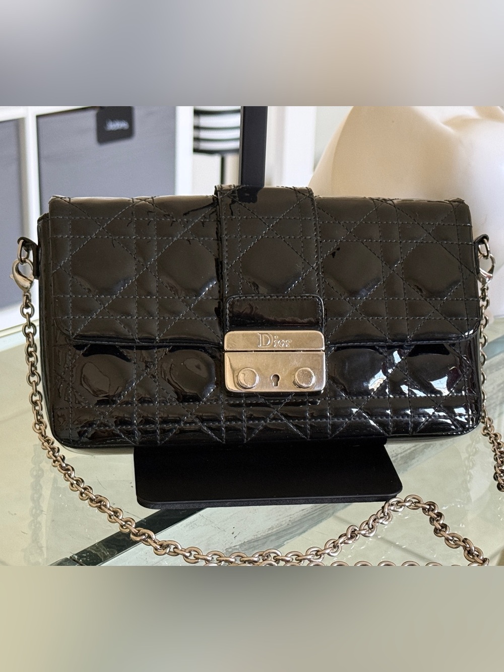 Dior Cannage New Lock Black Patent Chain Shoulder Bag